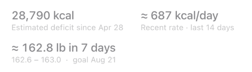 The deficit stats block: 28,790 kcal estimated deficit since April 28, a 687 kcal/day recent rate over the last 14 days, and a 162.8 lb forecast in 7 days toward a goal on August 21.